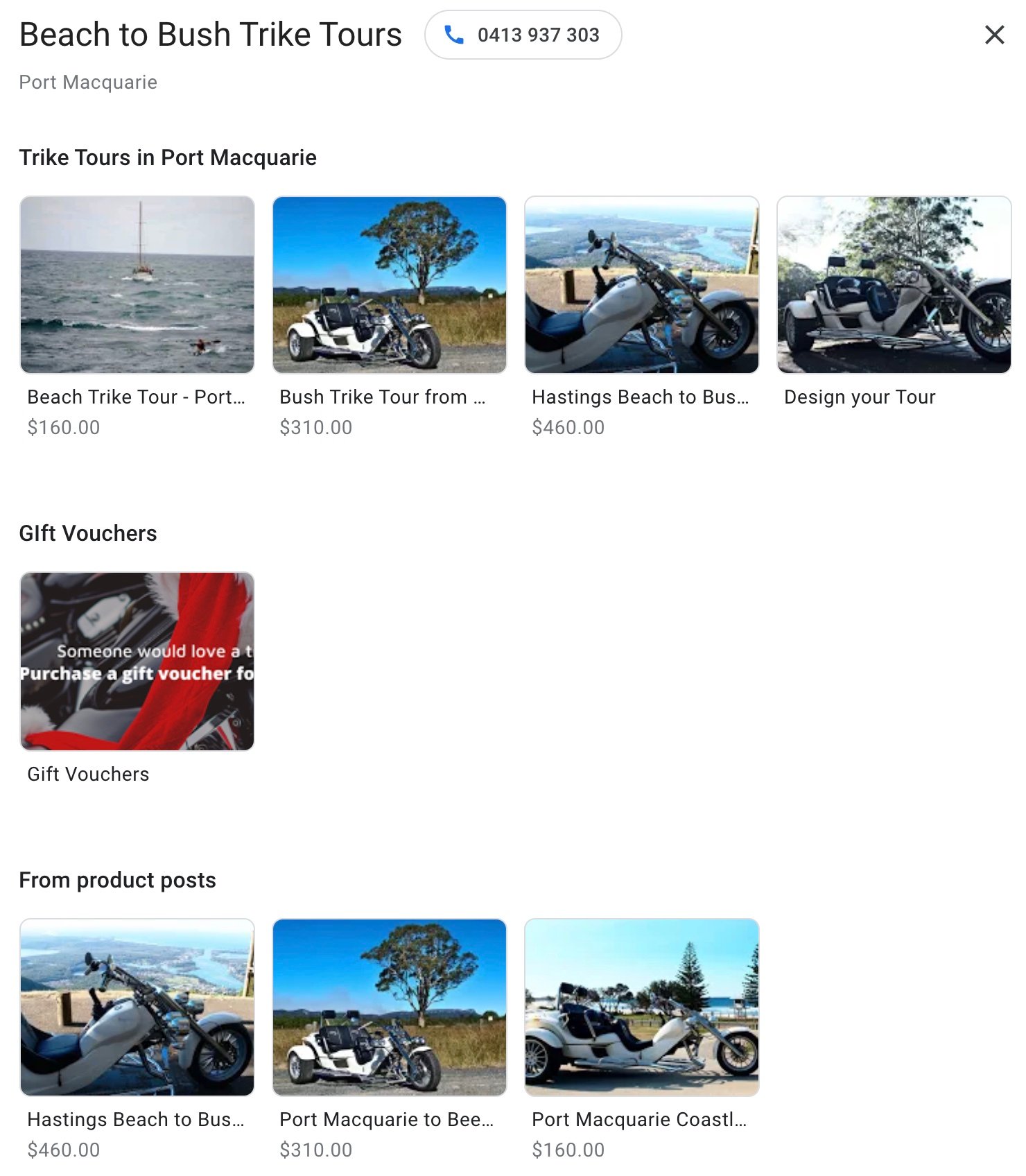 Beach to Bush Trike tours Promotions set up on Google My Business, by Vermilion Pinstripes